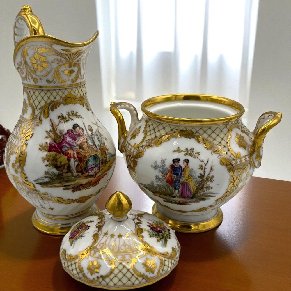 Antique Dresden Ohme Germany Creamer & Sugar Hand Painted Watteau Scenes Gold - Picture 1 of 16